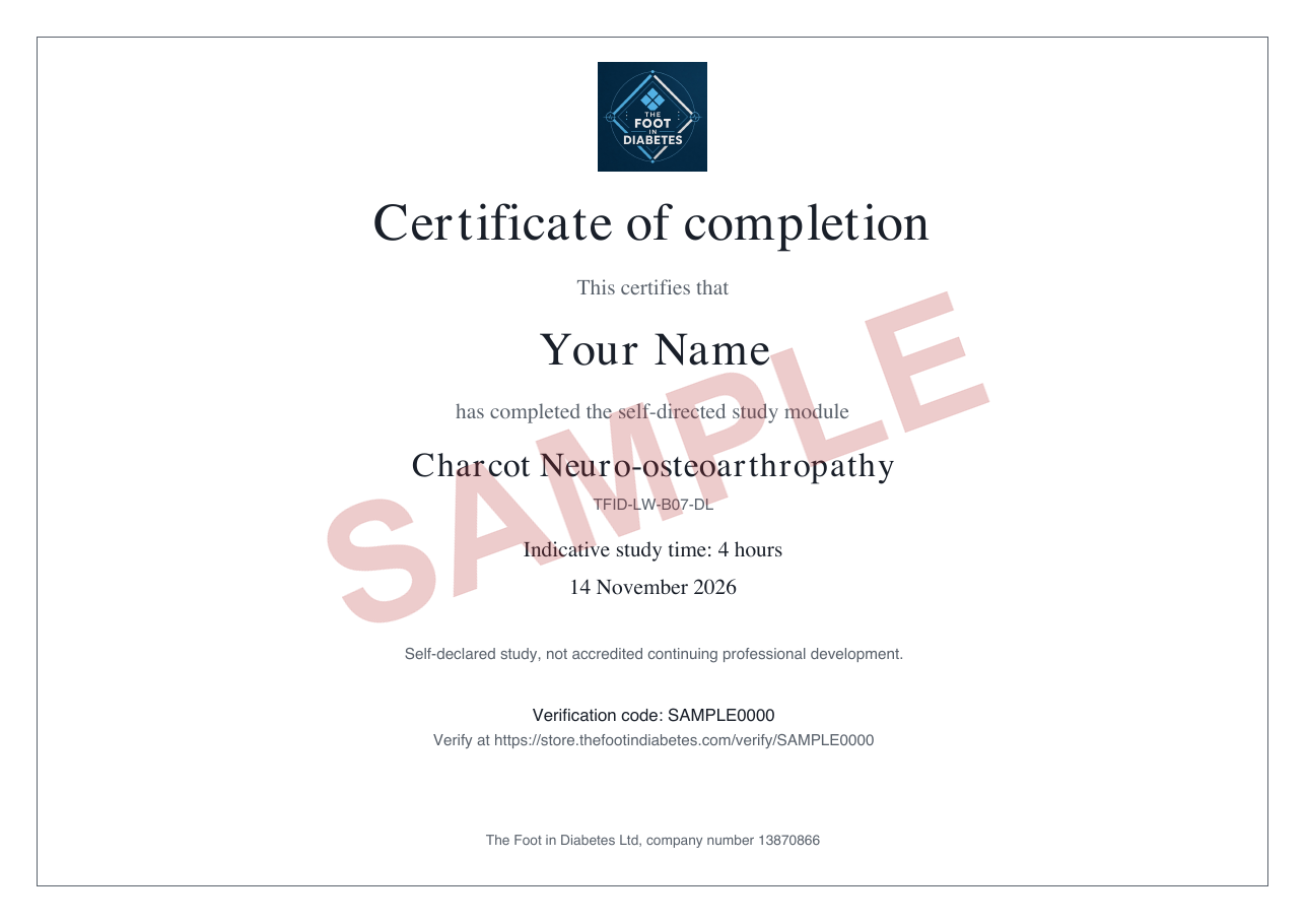 Sample certificate of completion for module B07, Charcot Neuro-osteoarthropathy, 4 hours of indicative study time