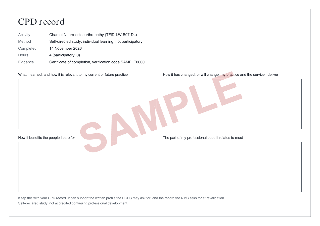 Sample CPD record page with the activity details filled in and four empty reflection boxes